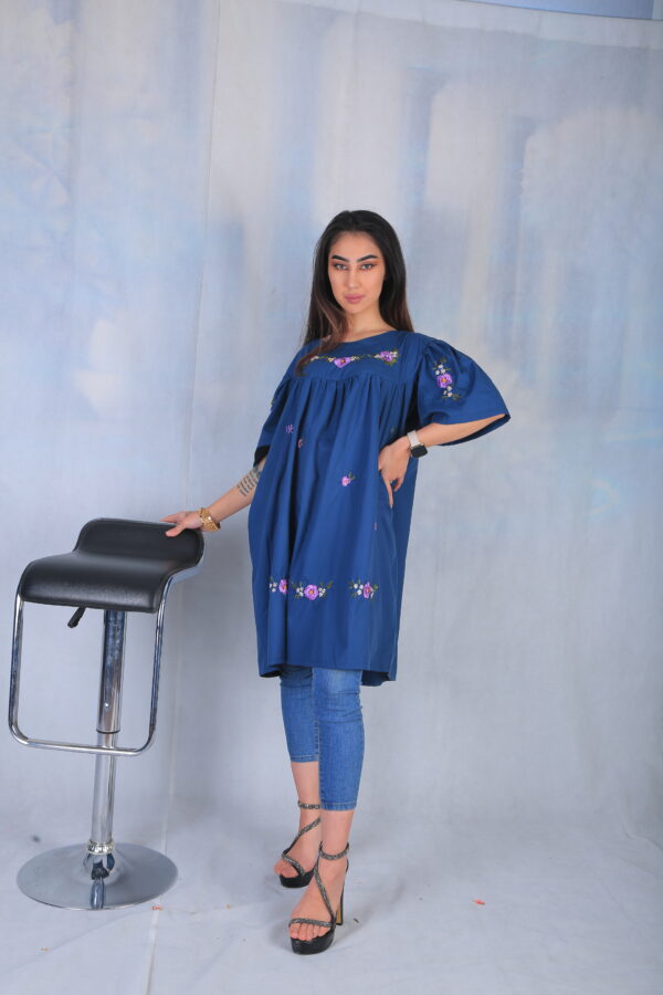 Embroidered Cotton Blue Dress - Image 2