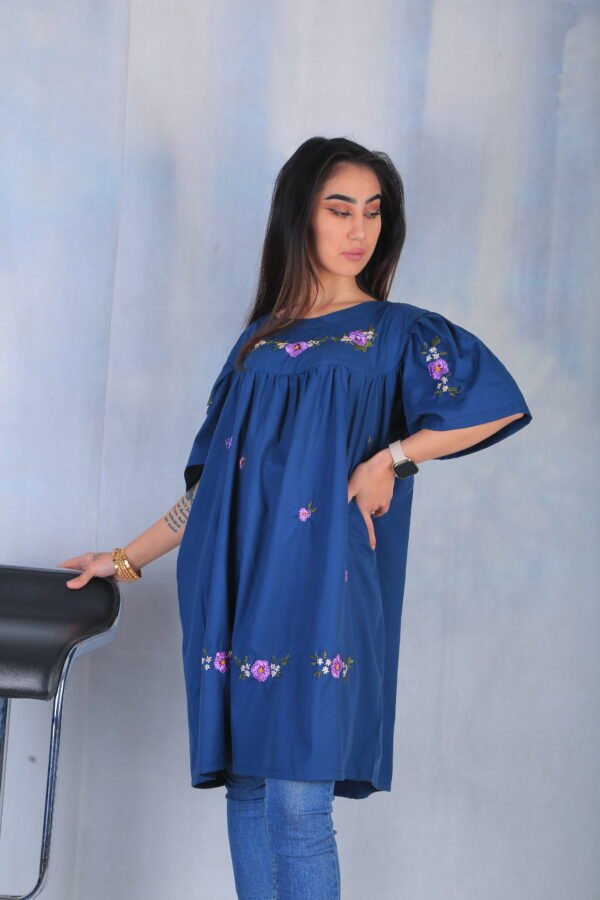 Embroidered Cotton Blue Dress - Image 3