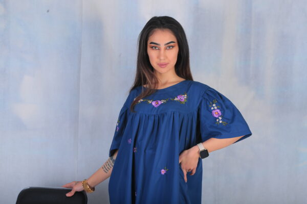 Embroidered Cotton Blue Dress - Image 11