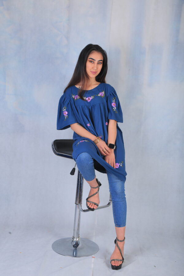 Embroidered Cotton Blue Dress - Image 10