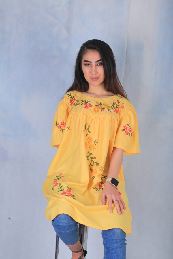 Embroidered Cotton Yellow Dress - Image 6