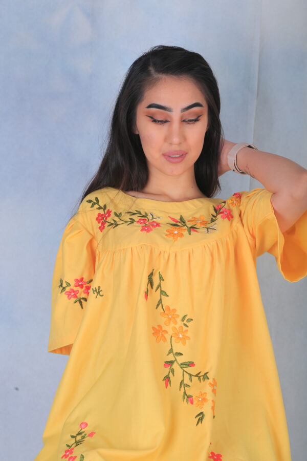 Embroidered Cotton Yellow Dress - Image 5