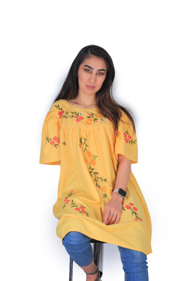 Embroidered Cotton Yellow Dress - Image 9