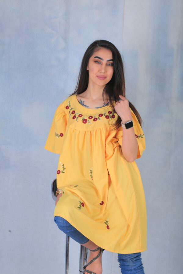 Embroidered Cotton Yellow Dress - Image 4