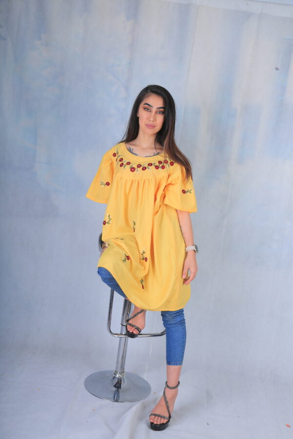 Embroidered Cotton Yellow Dress - Image 2