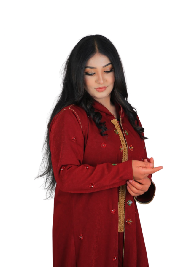 Velvet Maroon – Embroidered Hooded Dress - Image 12