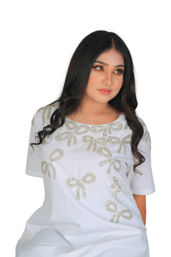 Radiance in White – Hand-Embroidered Pearl Bow Dress - Image 13