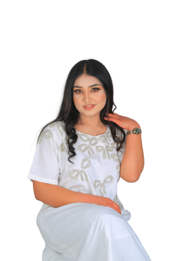 Radiance in White – Hand-Embroidered Pearl Bow Dress