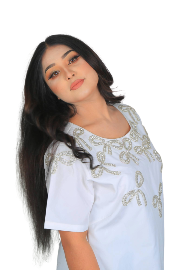 Radiance in White – Hand-Embroidered Pearl Bow Dress - Image 11