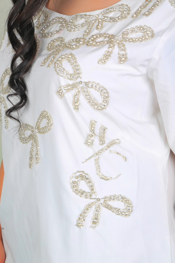 Radiance in White – Hand-Embroidered Pearl Bow Dress - Image 10