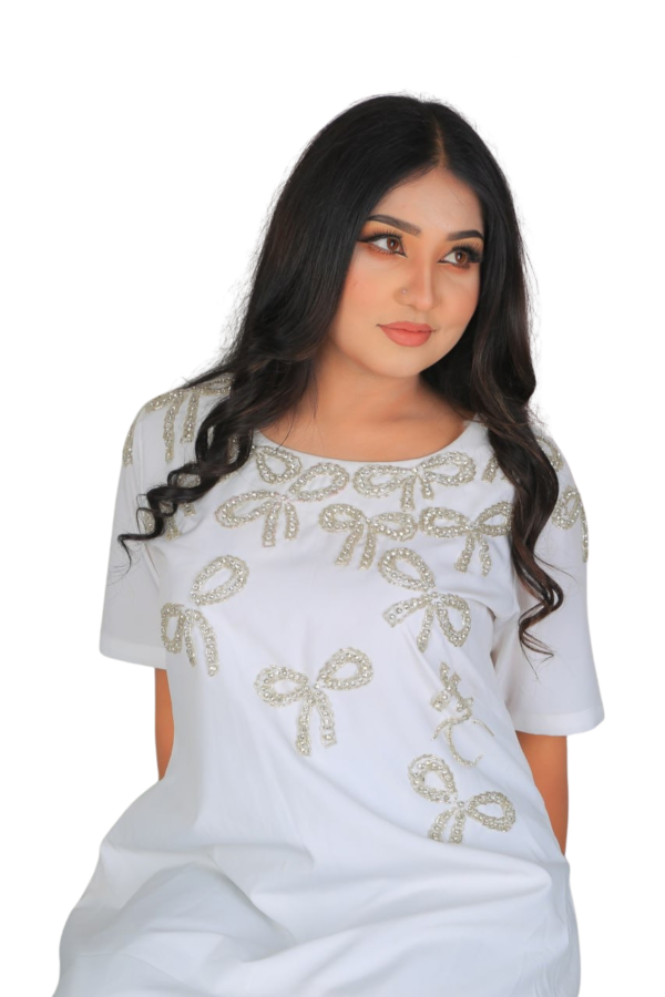 Radiance in White – Hand-Embroidered Pearl Bow Dress - Image 9