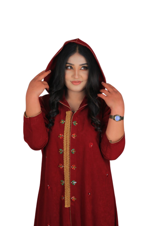 Velvet Maroon – Embroidered Hooded Dress - Image 7