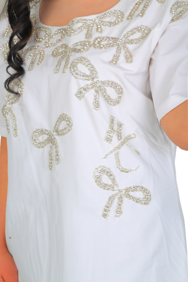 Radiance in White – Hand-Embroidered Pearl Bow Dress - Image 3
