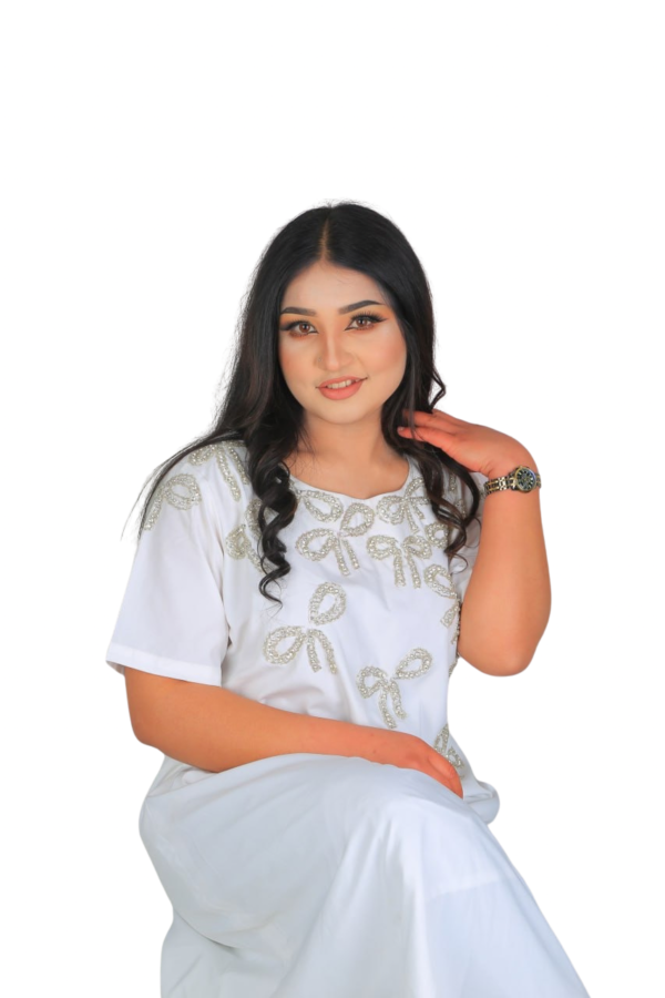 Radiance in White – Hand-Embroidered Pearl Bow Dress - Image 2