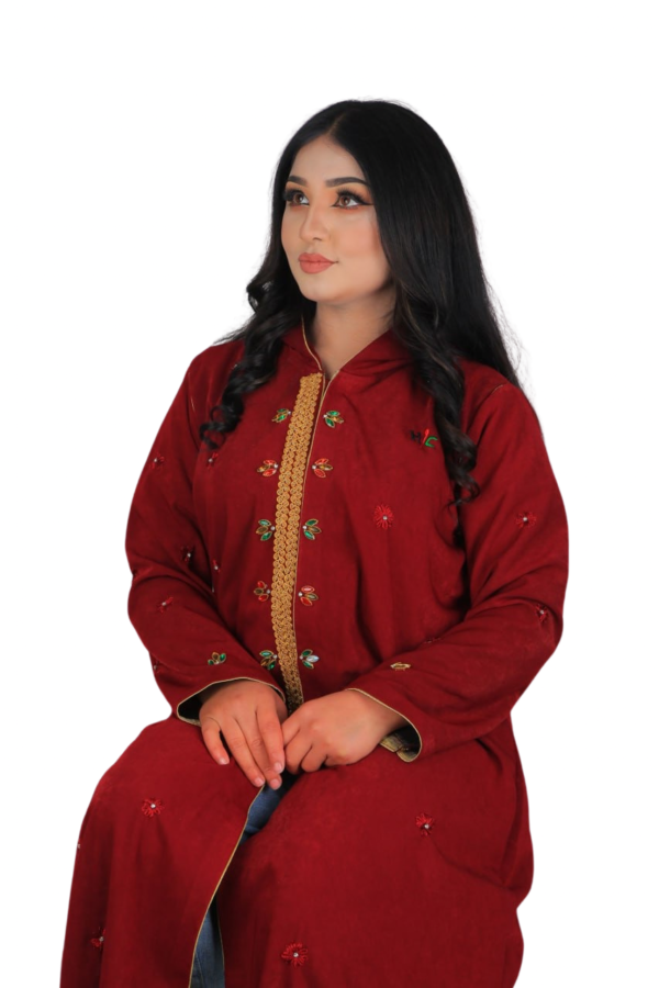 Velvet Maroon – Embroidered Hooded Dress - Image 3